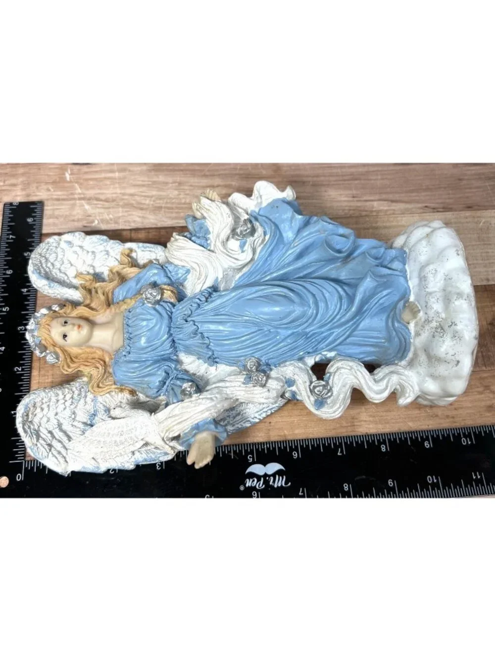 Christmas Angel Figurine With Dove & Flowers In Blue Dress